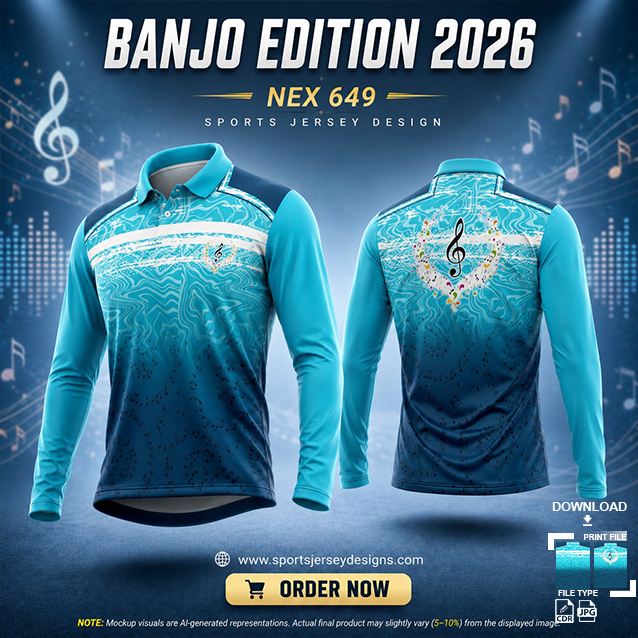 NEXM-649 BLUE AND WHITE PATTERN MUSICAL BANJO GROUP SUBLIMATION JERSEY DESIGN IN ORANGE AND BLACK COLOR